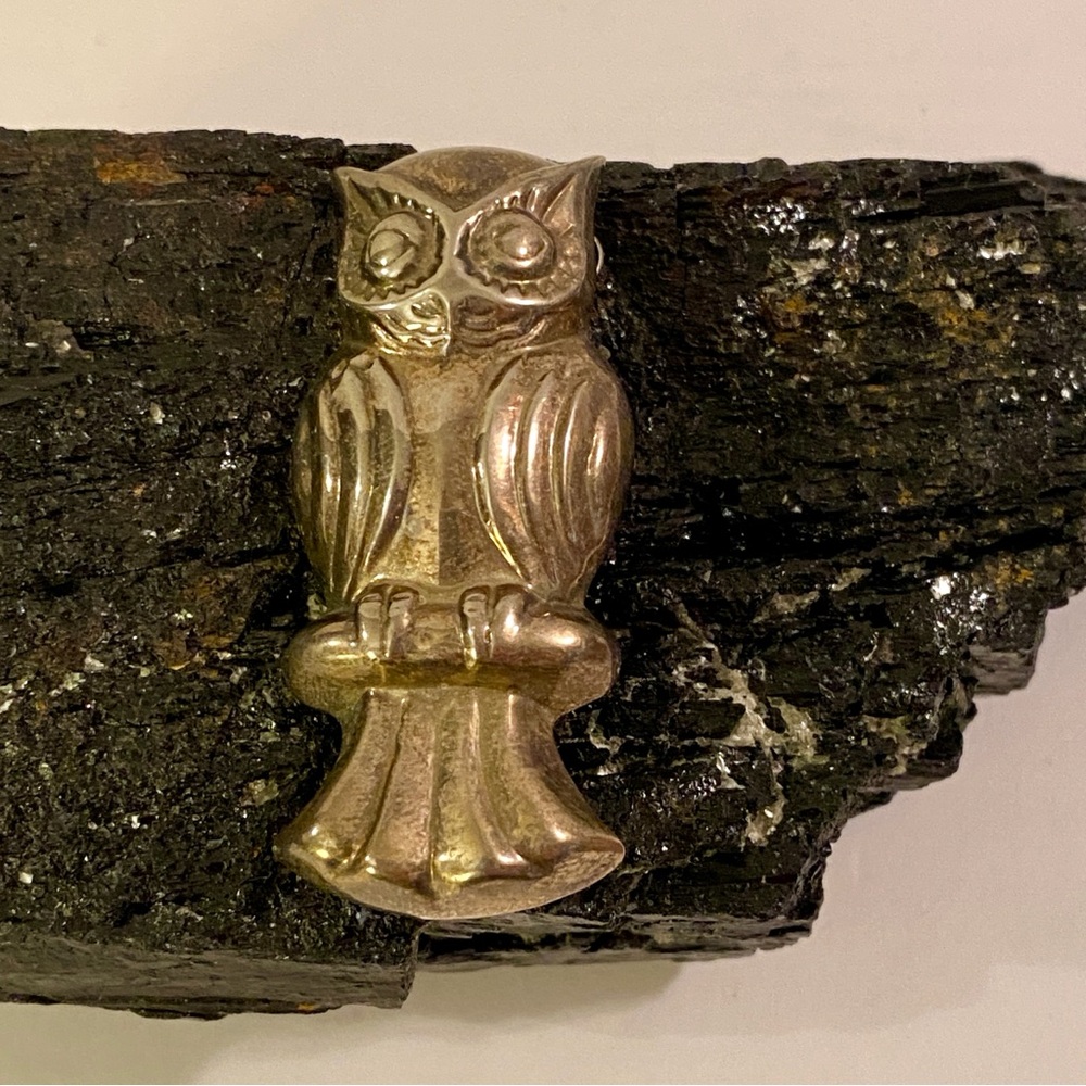 Vintage Owl On Branch Repousse Sterling Silver Brooch or Pendant Marked 925